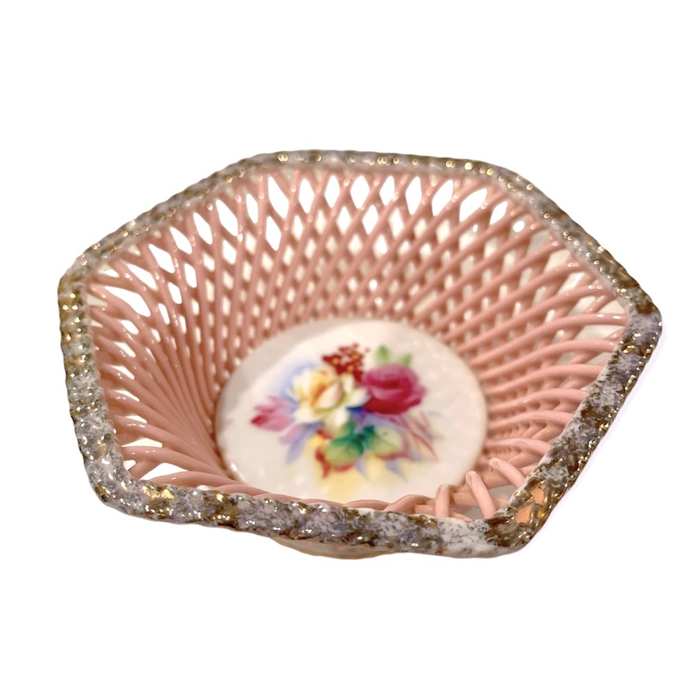 Vintage Porcelain Reticulated Bowl, Lattice Weave, Dresden Roses